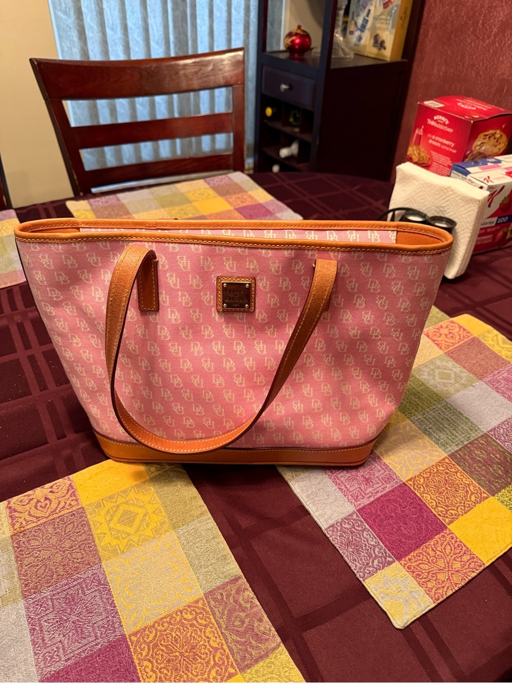 Dooney & Bourke Pink Signature Canvas Shoulder Tote with Tan Leather Trim - Picture 2 of 7